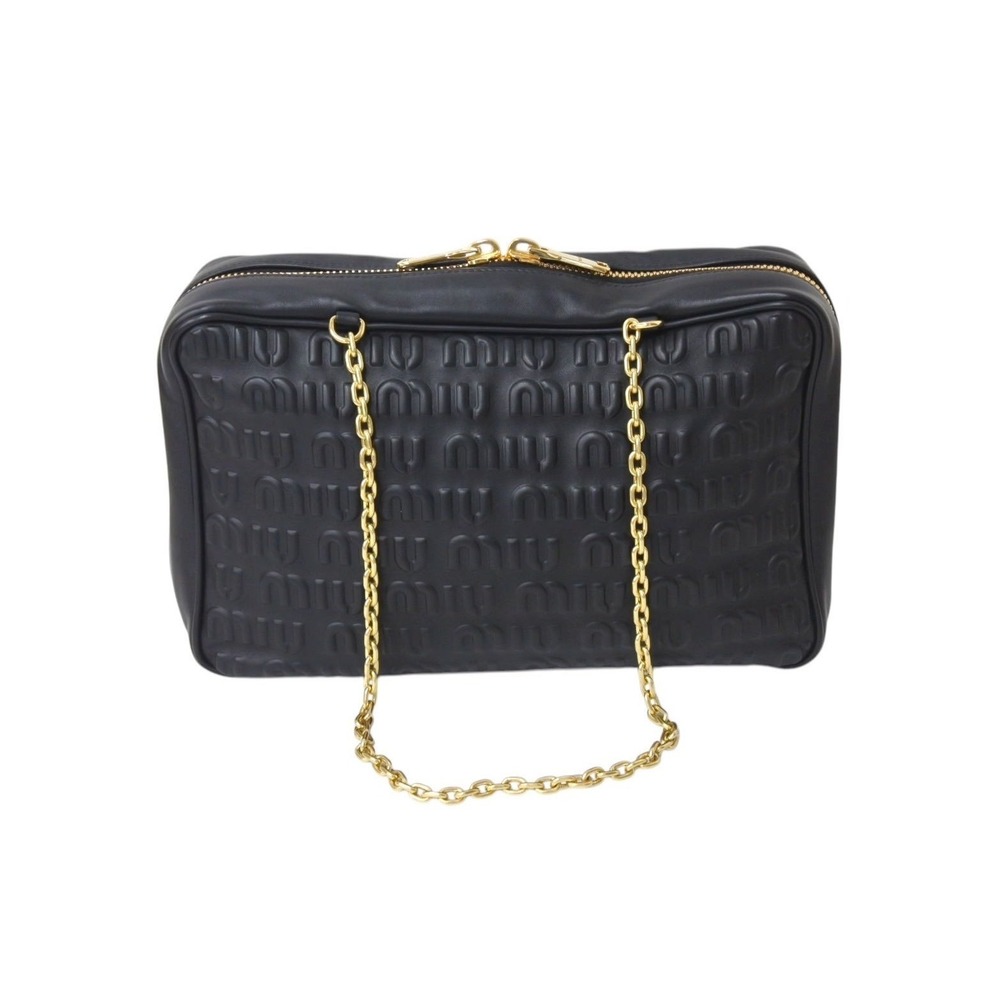 Miu Miu leather shoulder black bag Miu logo chain embossed
